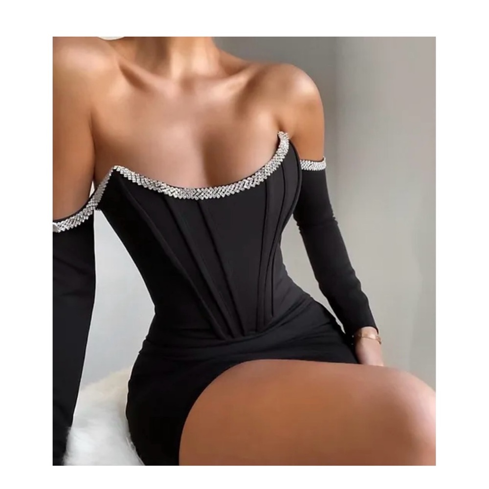 Miss Circle off the shoulder black dress with crystal trim